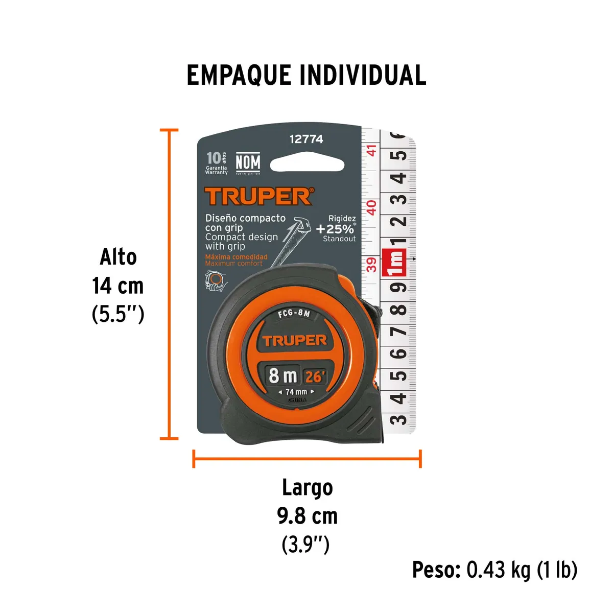 Flexómetro Contra Impactos 8 m Truper FCG-8M - 12774