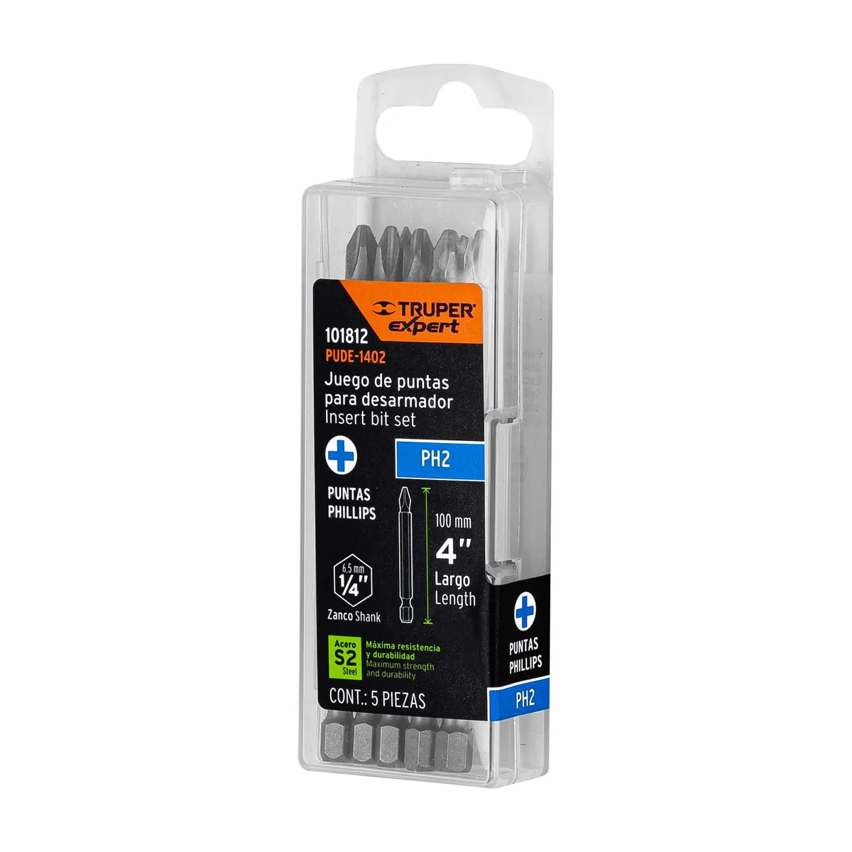 Estuche con 5 Puntas de Cruz PH2 de Impacto Largo 4" Truper - 101812