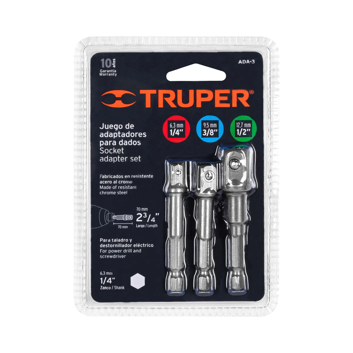 Juego de 3 Adaptadores para Dados 1/4", 3/8" y 1/2" Truper - 10752