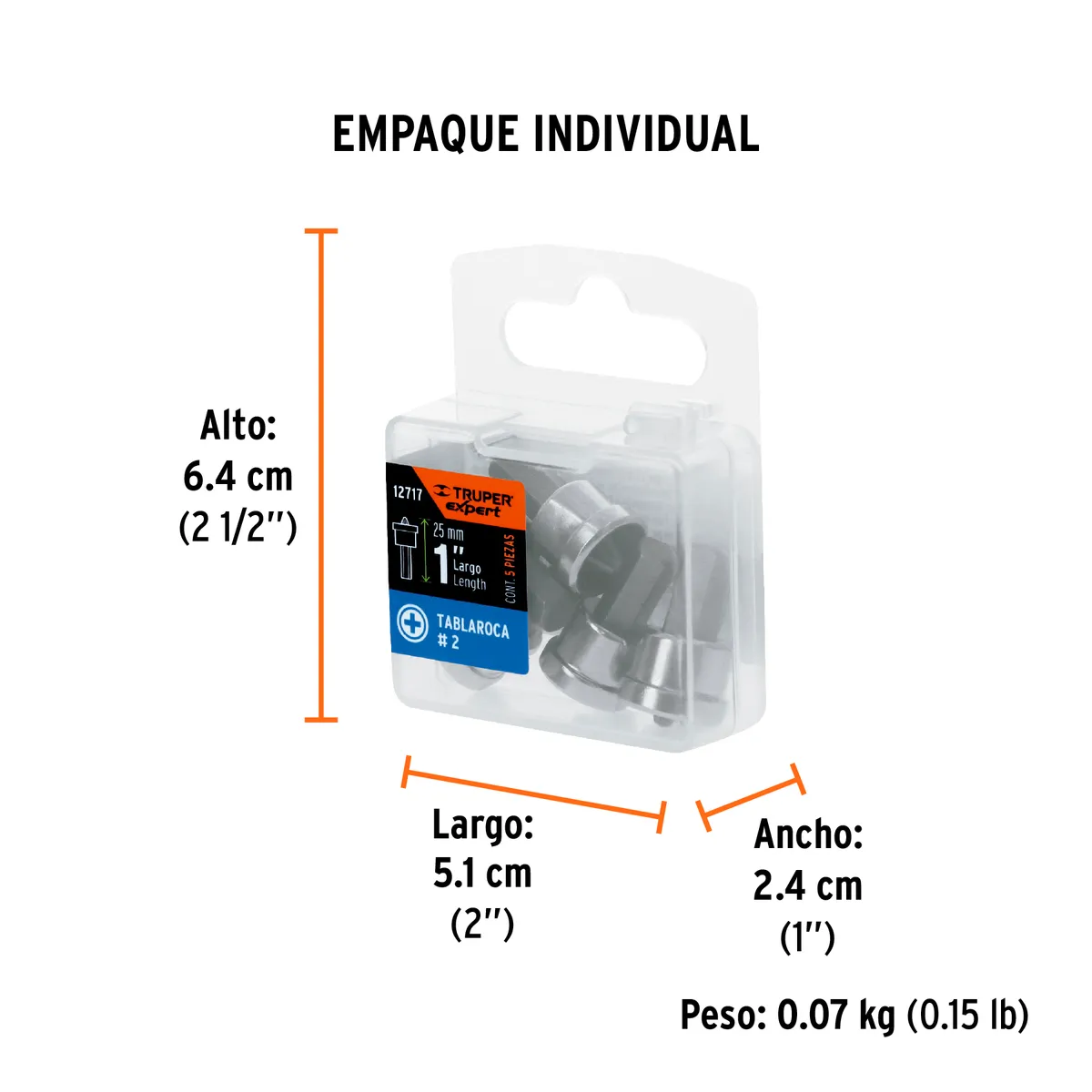 Estuche con 5 Puntas de Cruz PH2 para Muro de Yeso 1" Truper - 12717
