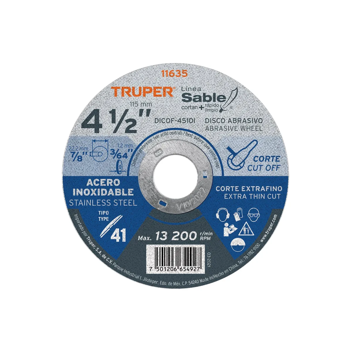 Disco Tipo 41 de 4 1/2" x 1 mm Fino para Acero Inoxidable Truper - 11635