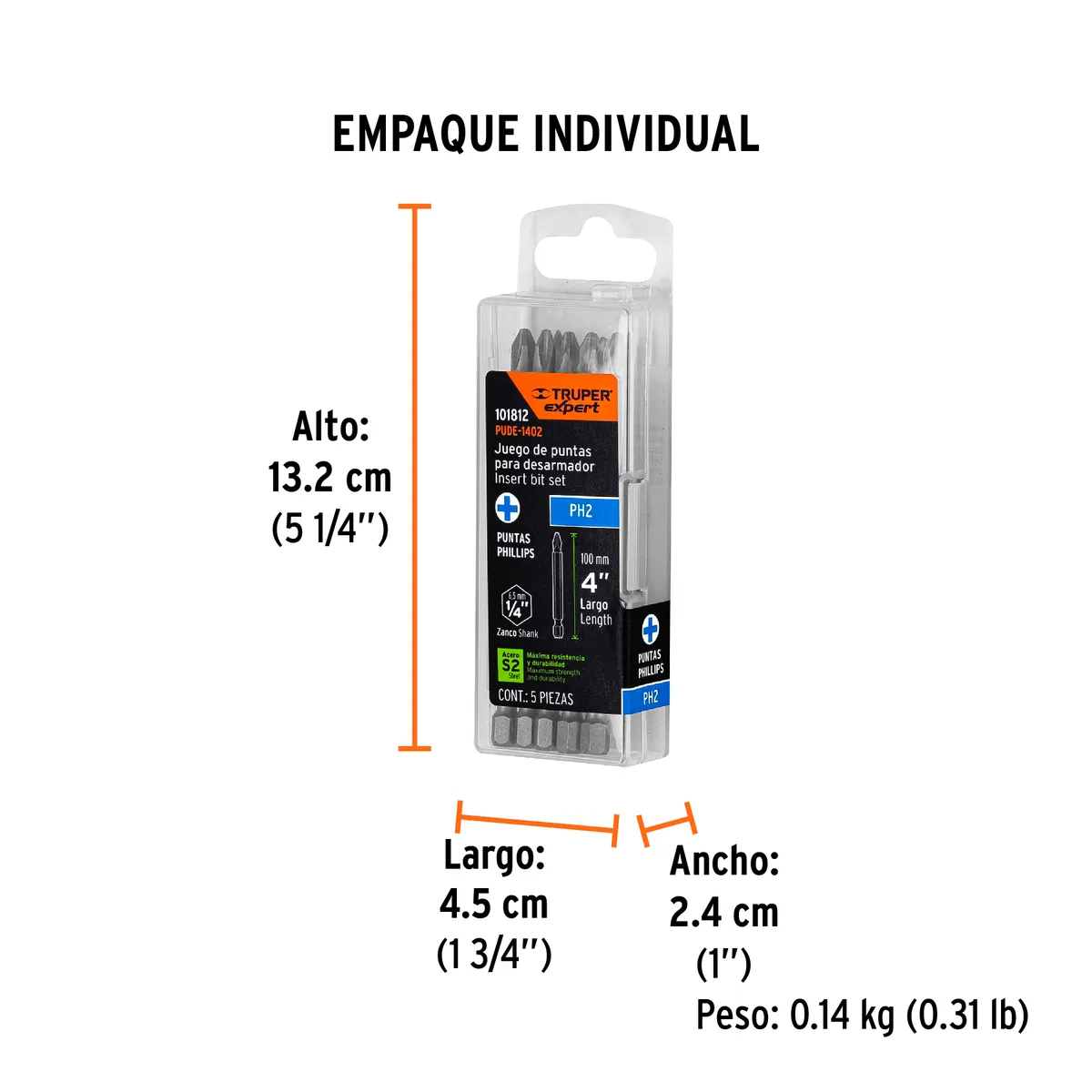 Estuche con 5 Puntas de Cruz PH2 de Impacto Largo 4" Truper - 101812