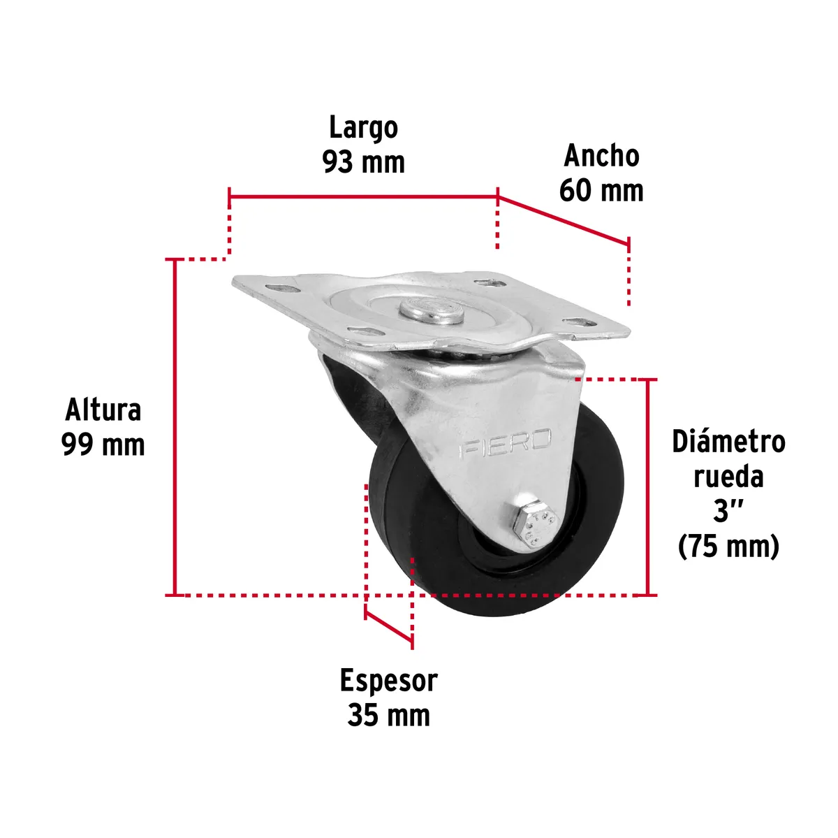 Rueda de Hule Giratoria con Buje Carga 60 kg 3" Fiero - 48610
