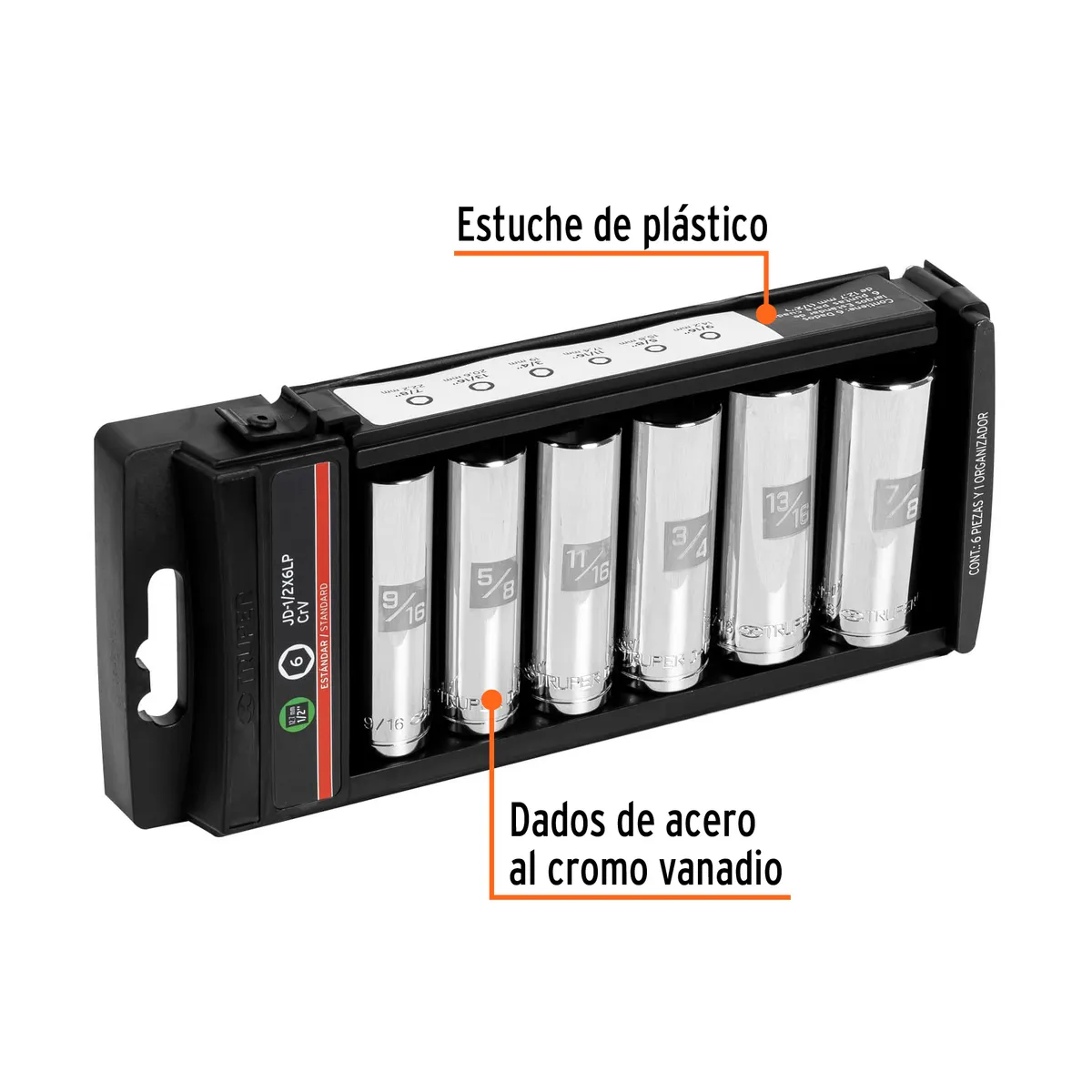 Juego de 6 Dados Largos 1/2" Estándar JD-1/2X6LP Truper - 14174