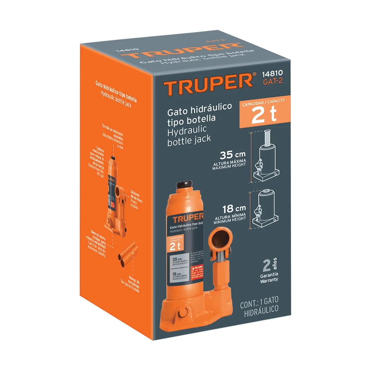 Gato Hidráulico de Botella 2 Toneladas Truper - 14810