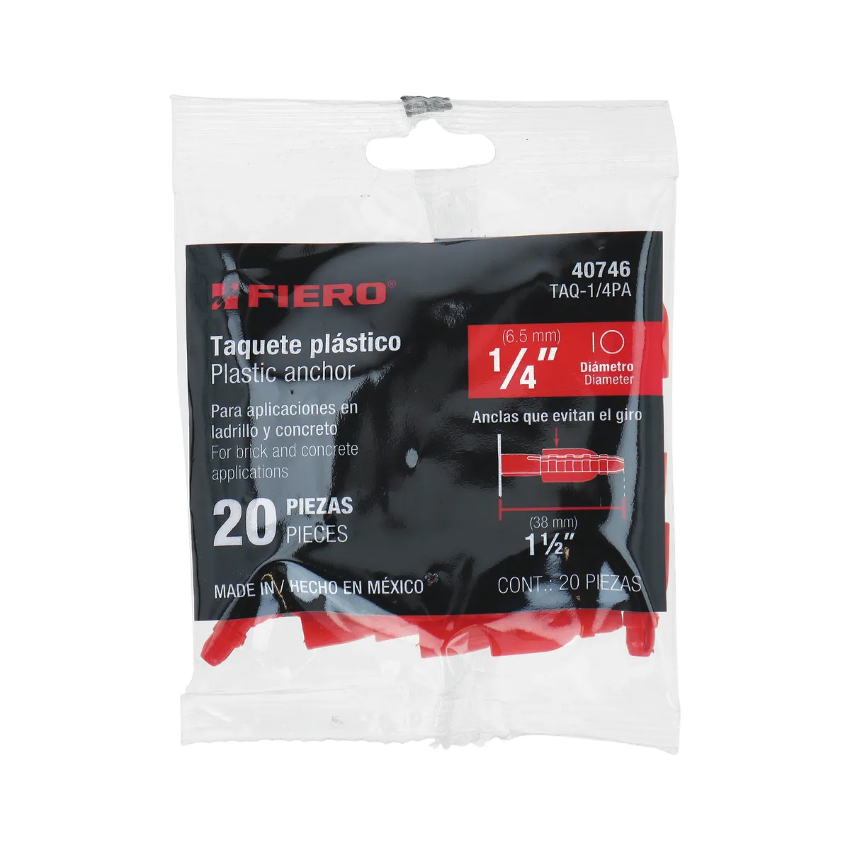 Bolsa con 20 Taquetes de Plástico 1/4" Fiero - 40746