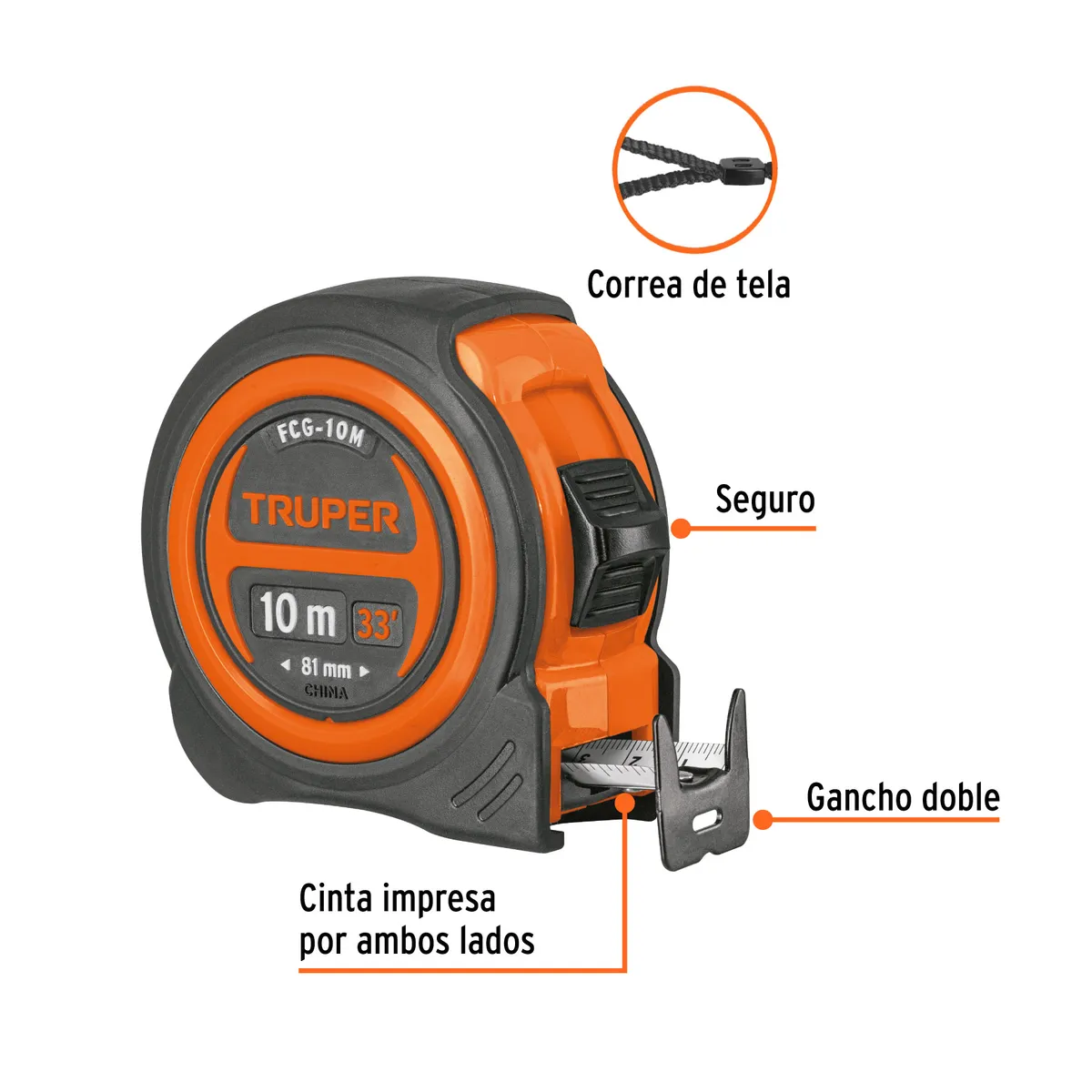 Flexómetro Compacto Contra Impactos 10 m x 25 mm Truper - 102332