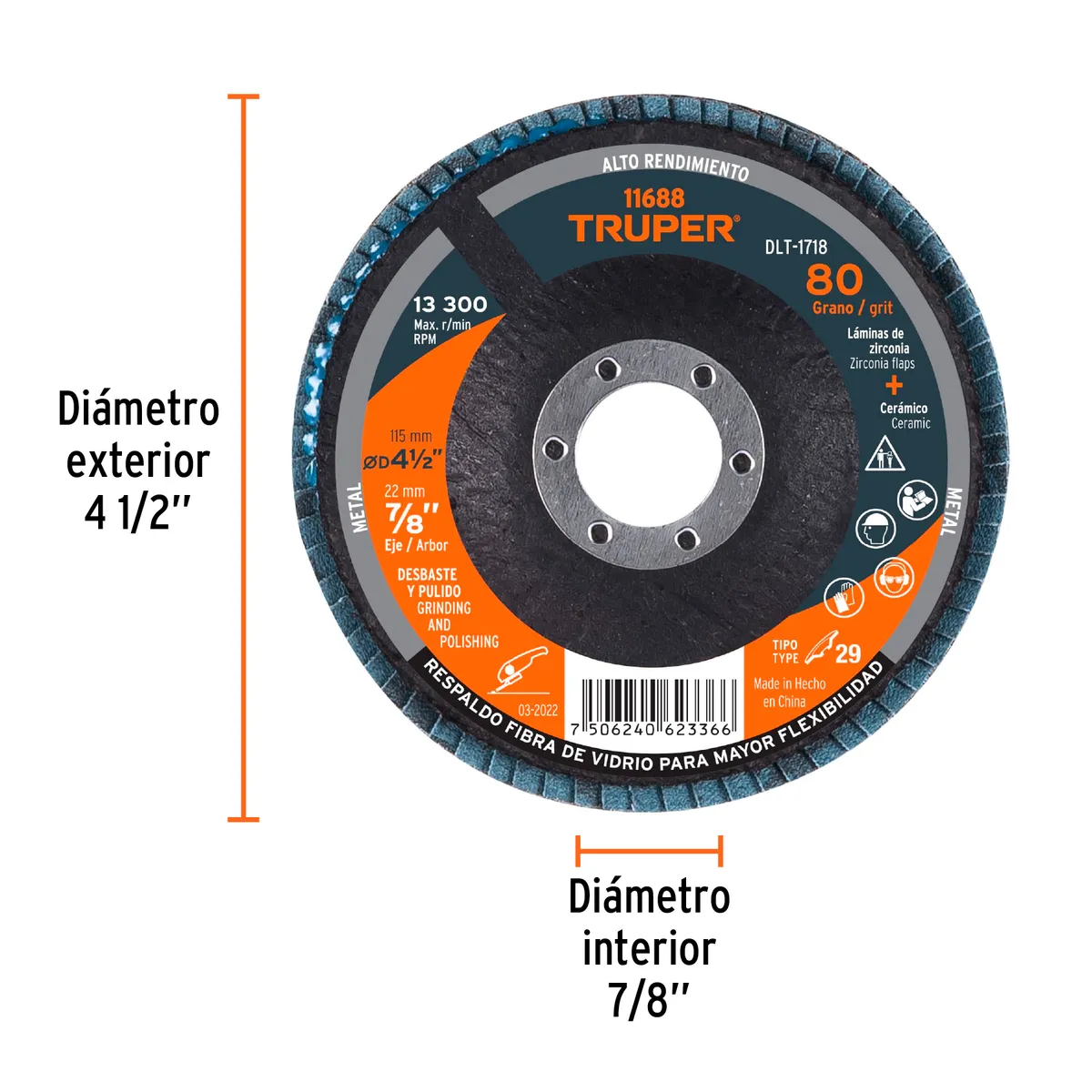 Disco Laminado Centro 7/8" Grano 80 de 4 1/2" Truper - 11688