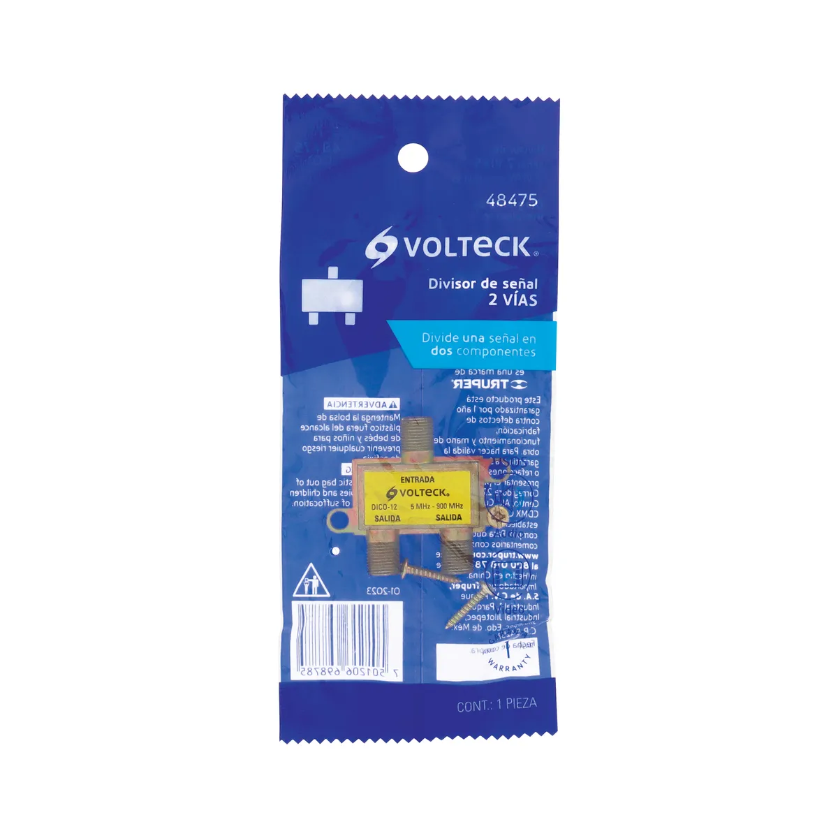 Divisor Coaxial de 1 Entrada y 2 Salidas Volteck - 48475