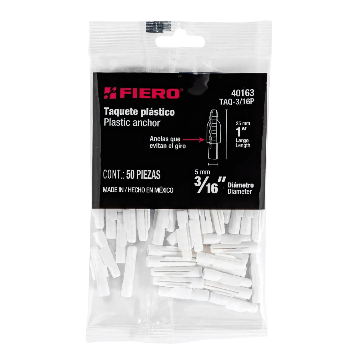 Bolsa con 50 Taquetes de Plástico 3/16" Fiero - 40163