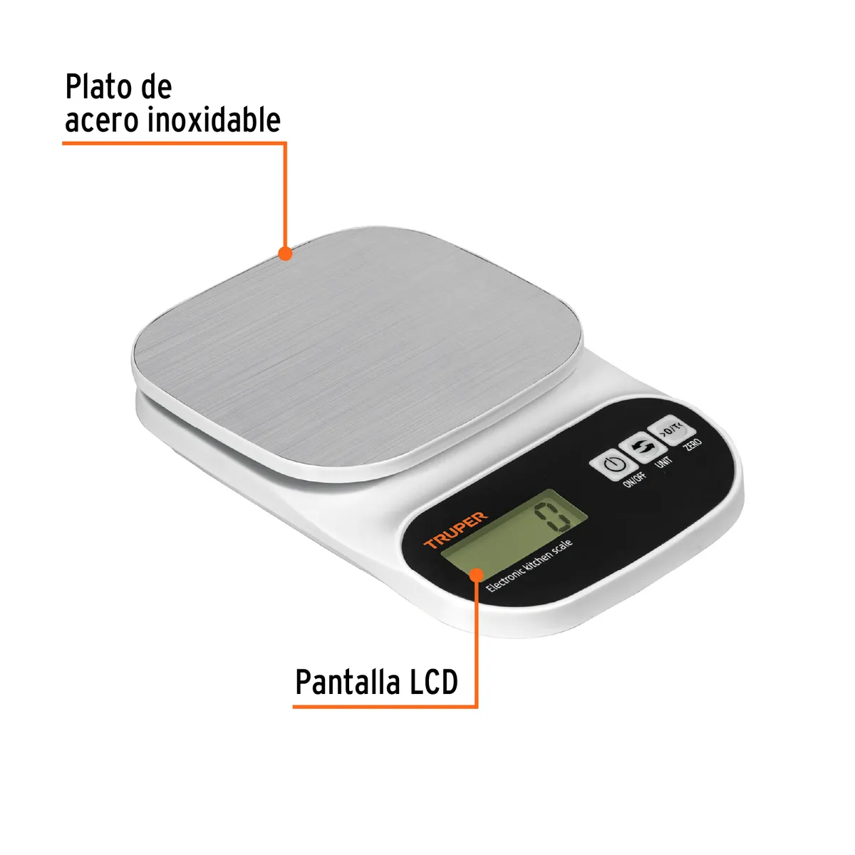 Báscula Digital para Cocina con Plato de Acero Inoxidable 5 kg Truper - 103116