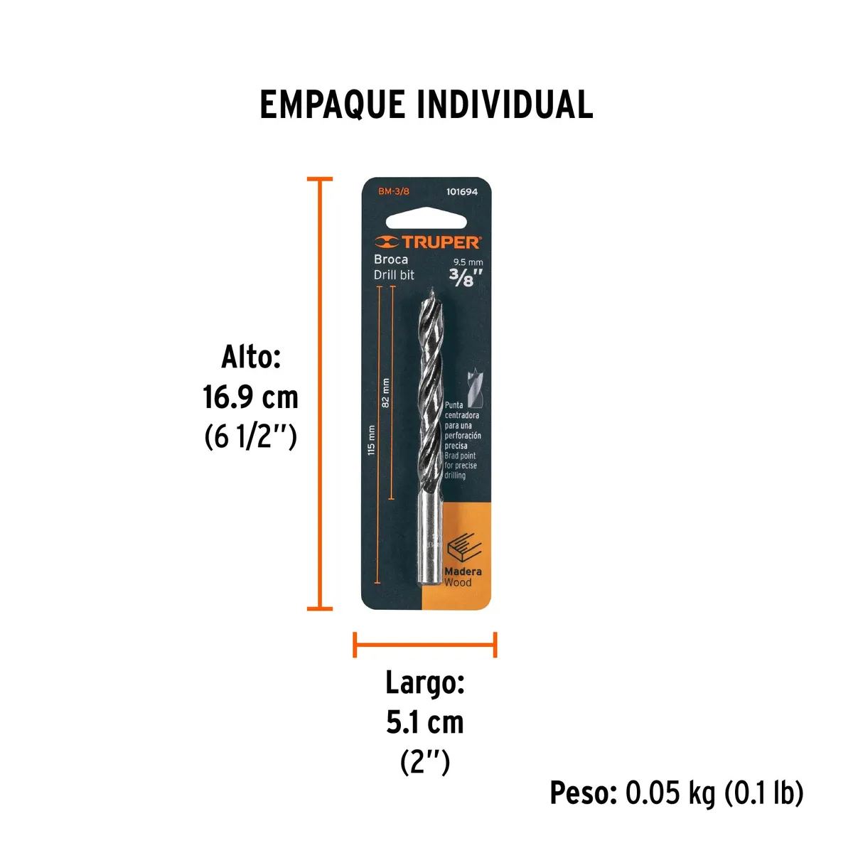 Broca con Punta Centradora para Madera 3/8" Truper - 101694