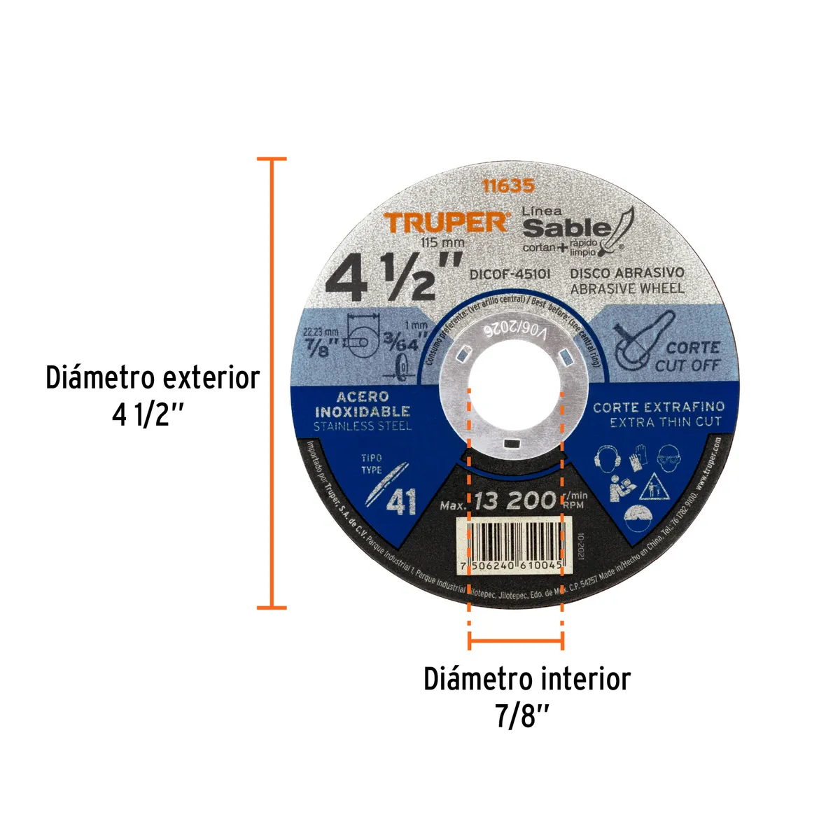 Disco Tipo 41 de 4 1/2" x 1 mm Fino para Acero Inoxidable Truper - 11635