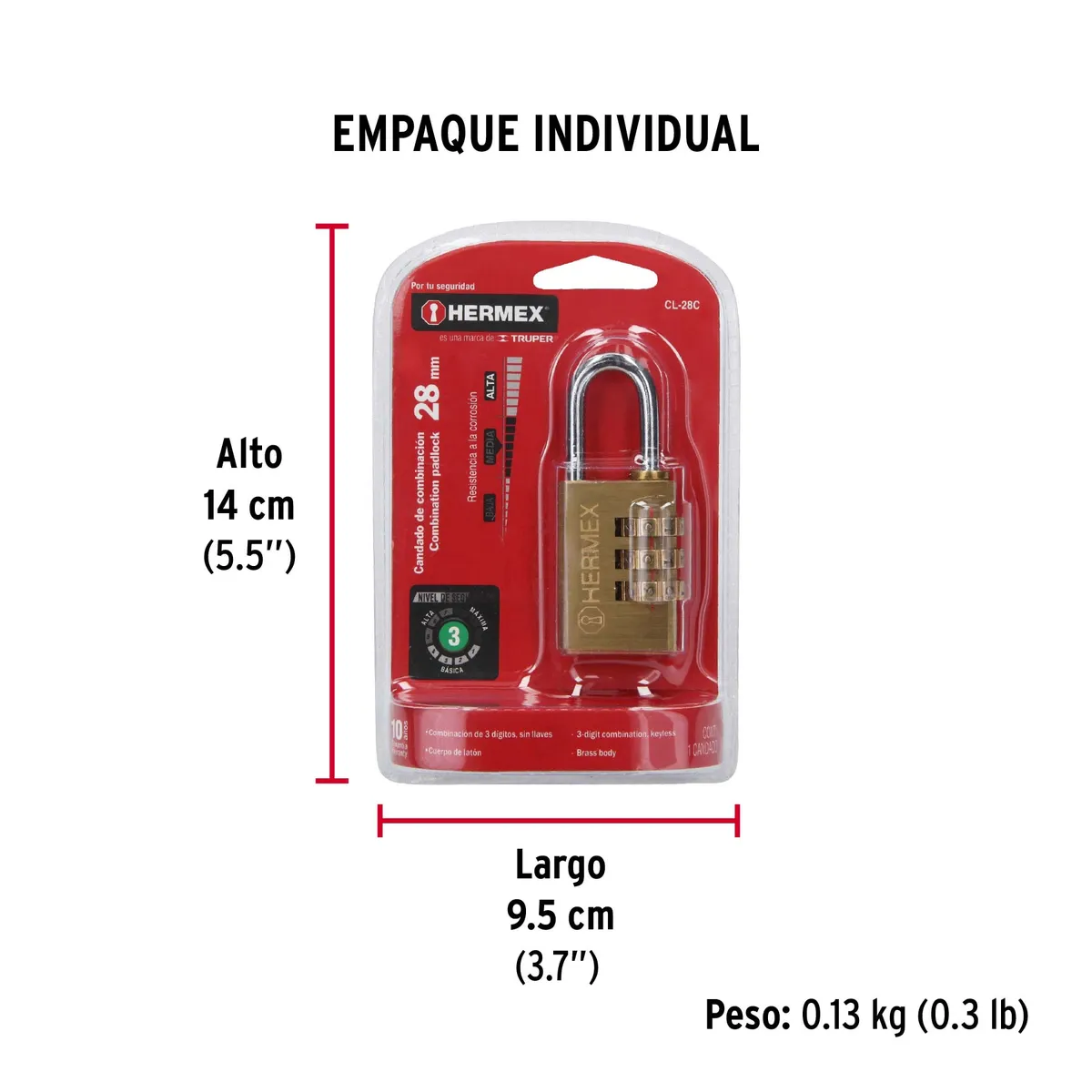 Candado de Combinación 28 mm Latón en Blíster Truper - 43347