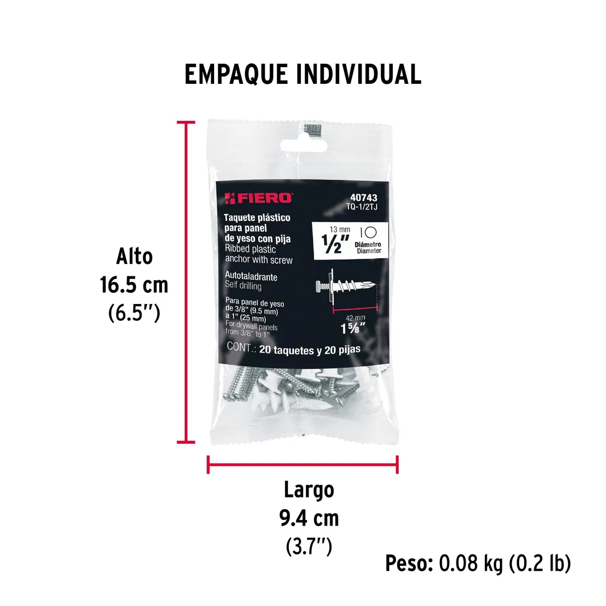 Kit de 20 Taquetes Plásticos 1/2" para Pared de Yeso Truper - 40743