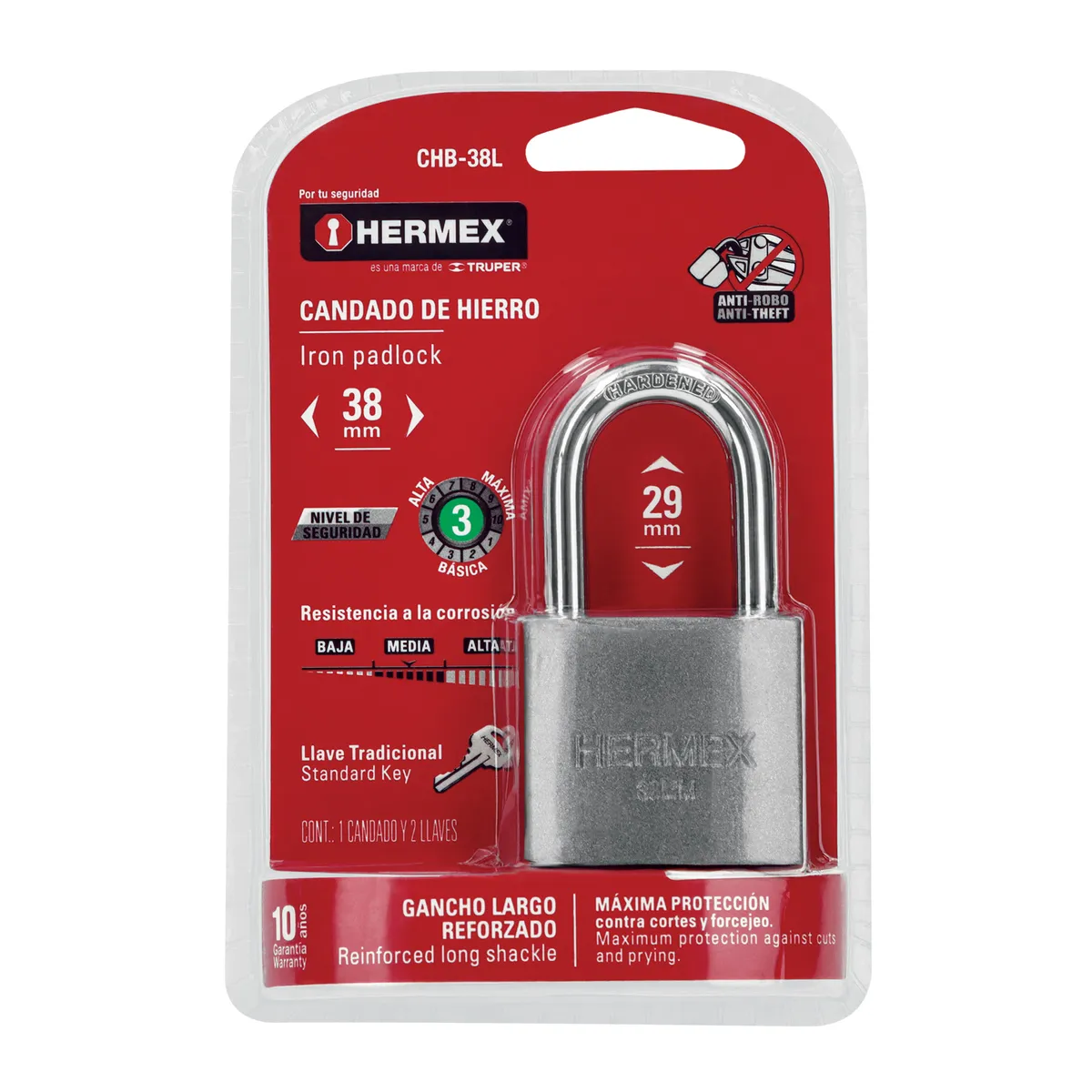 Candado de Hierro 38 mm Gancho Largo CHB-38L Truper - 43326
