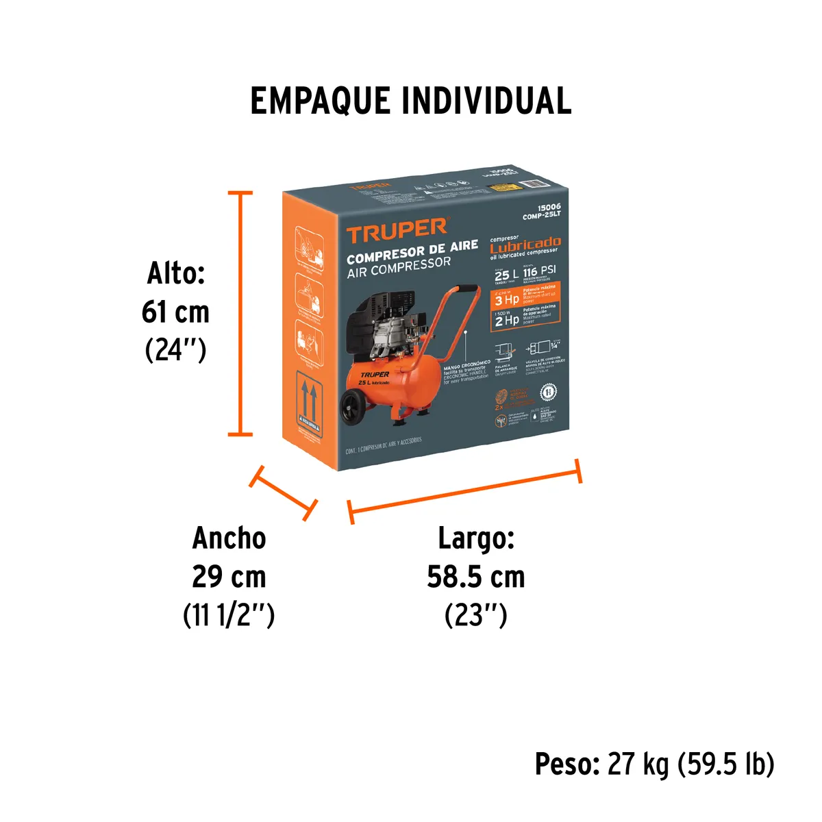 Compresor Lubricado 25 L 3 HP Horizontal 127 V Truper - 15006