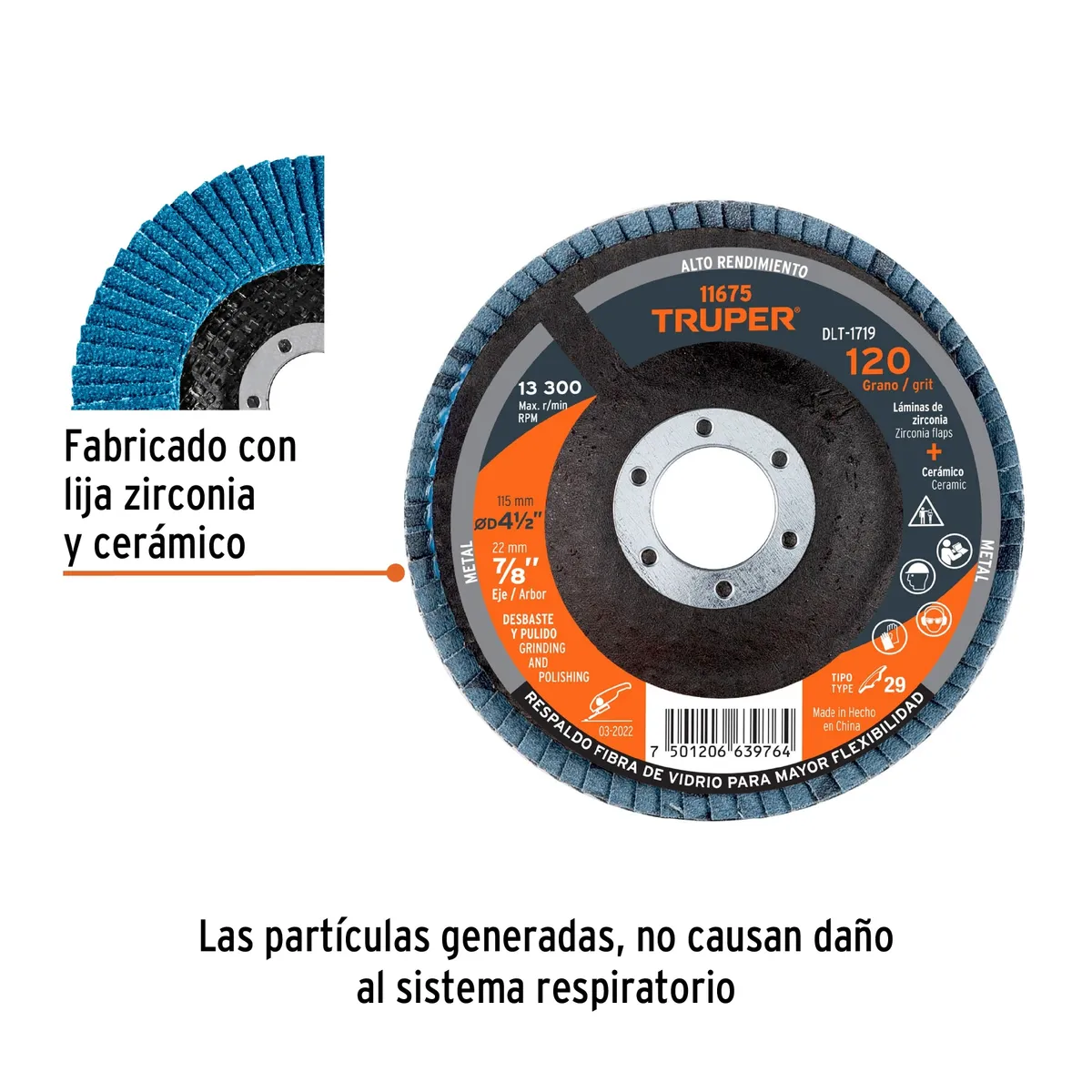 Disco Laminado Centro 7/8" Grano 120 de 4 1/2" Truper - 11675