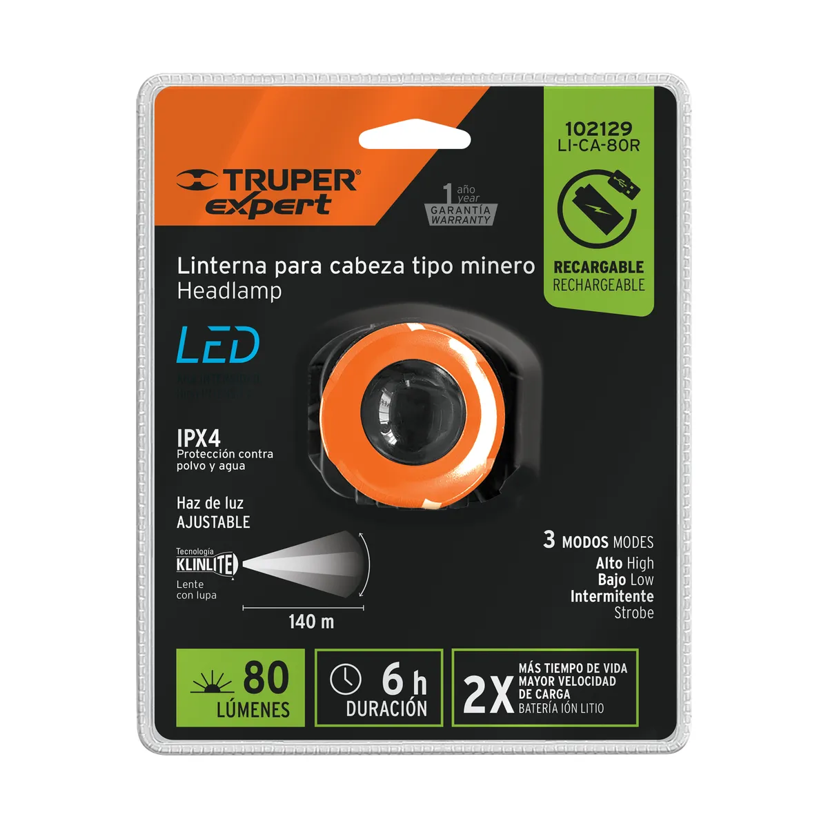 Linterna LED Recargable para Cabeza Tipo Minero | 102129