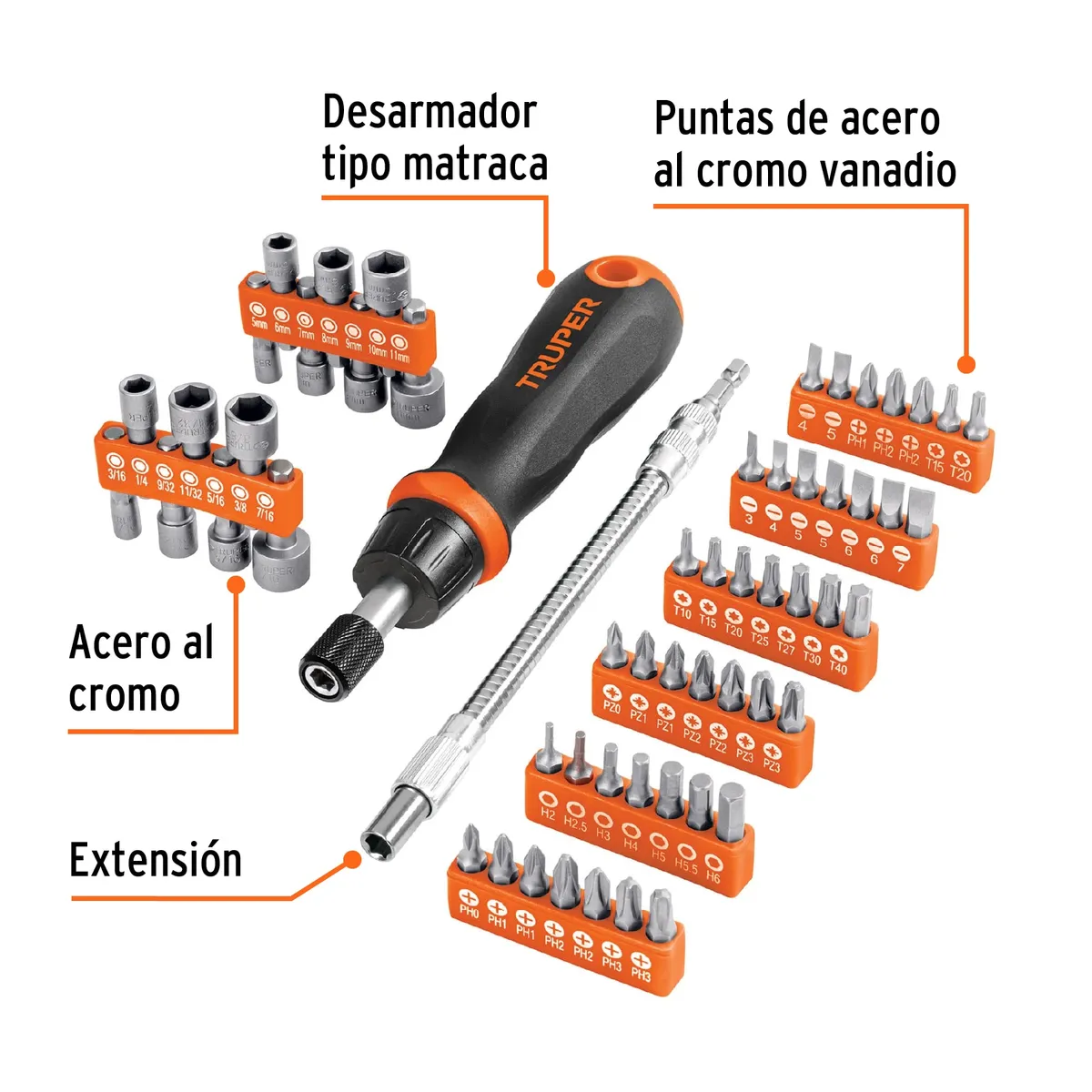 Desarmador de Matraca con 42 Puntas y Dados Truper - 18220