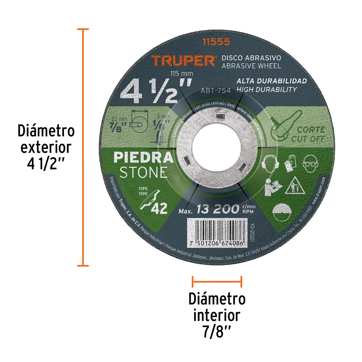 Disco Tipo 42 de 4 1/2" para Corte de Piedra Truper - 11555