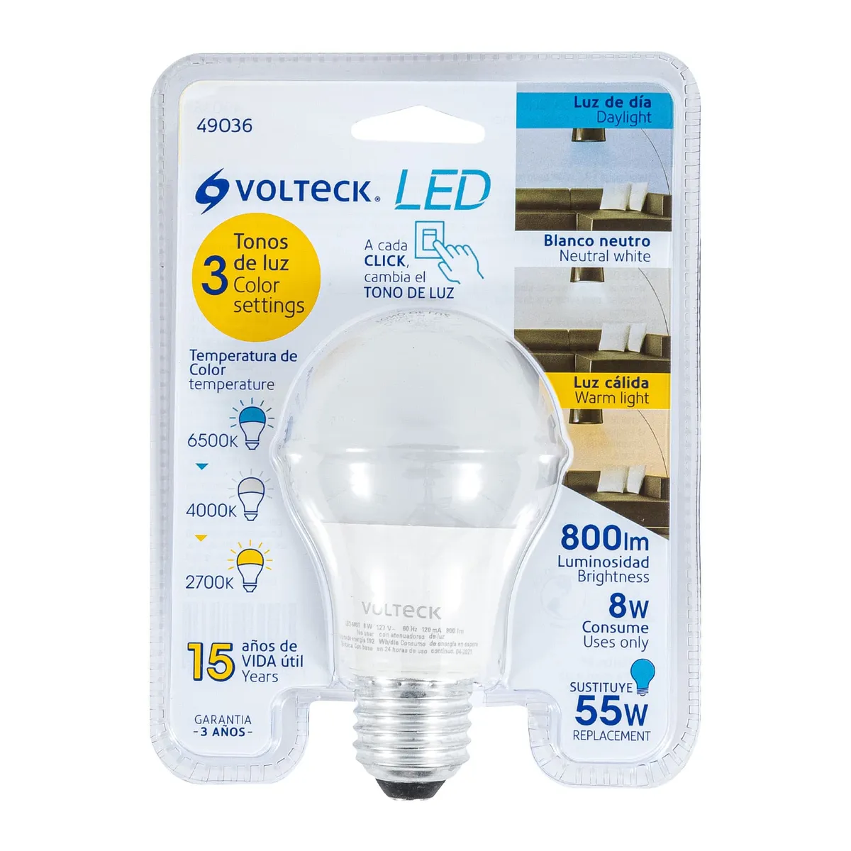 Foco LED 8 W (60 W) A19 con 3 Tonos de Luz Volteck - 49036