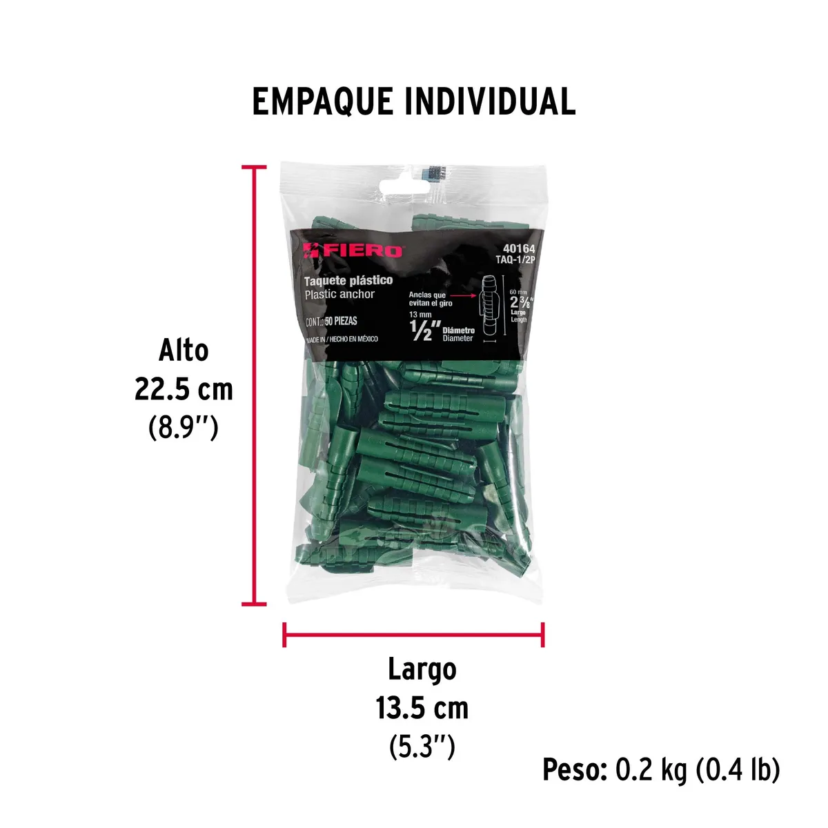 Bolsa con 50 Taquetes de Plástico 1/2" Fiero - 40164