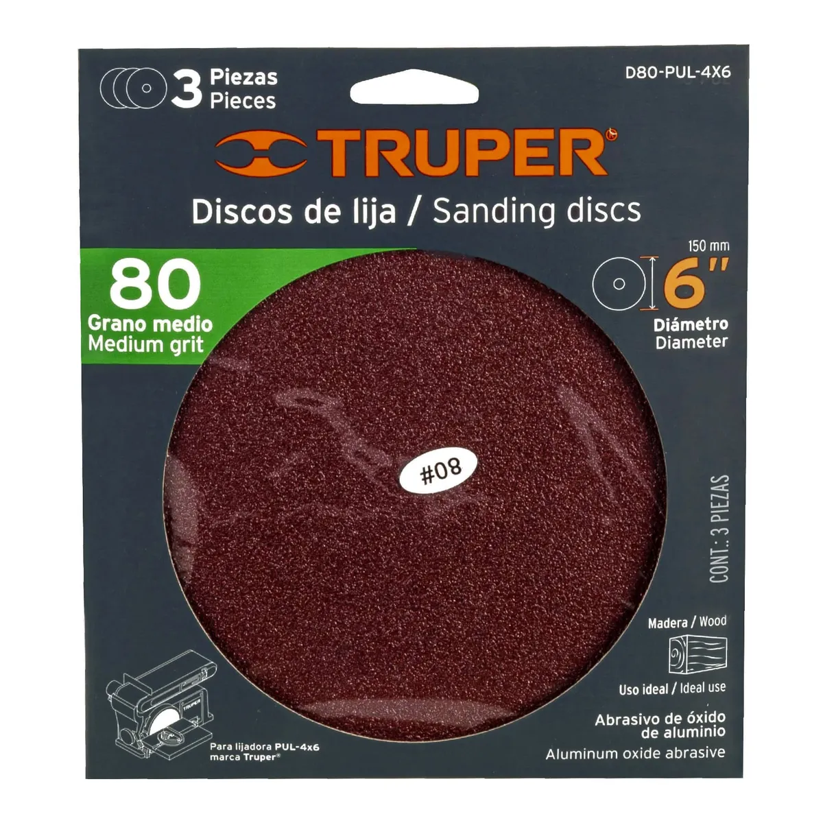 Paquete con 3 Discos de Lija 6" Grano 80 Truper - 16164