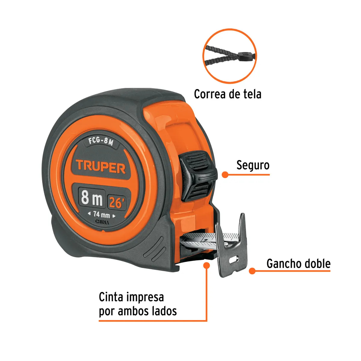 Flexómetro Contra Impactos 8 m Truper FCG-8M - 12774