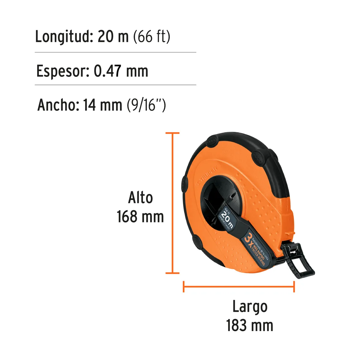 Cinta Métrica Larga 20 m de Fibra de Vidrio Truper - 12638