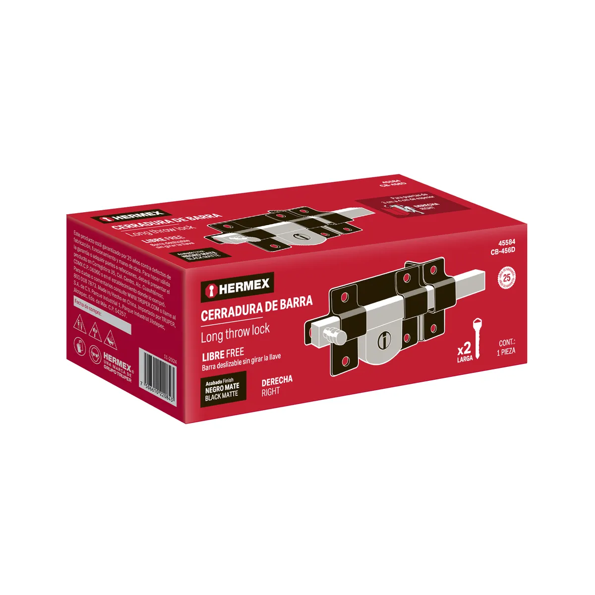 Cerradura de Barra Libre Derecha Negra Hermex - 45584