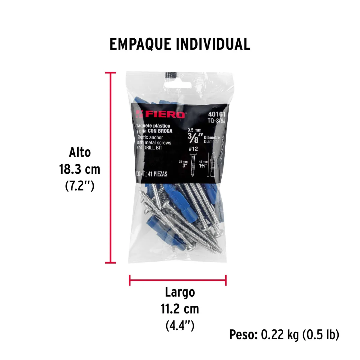 Kit de 20 Taquetes 3/8" con Pija #12 y Broca 3/8" Fiero - 40161
