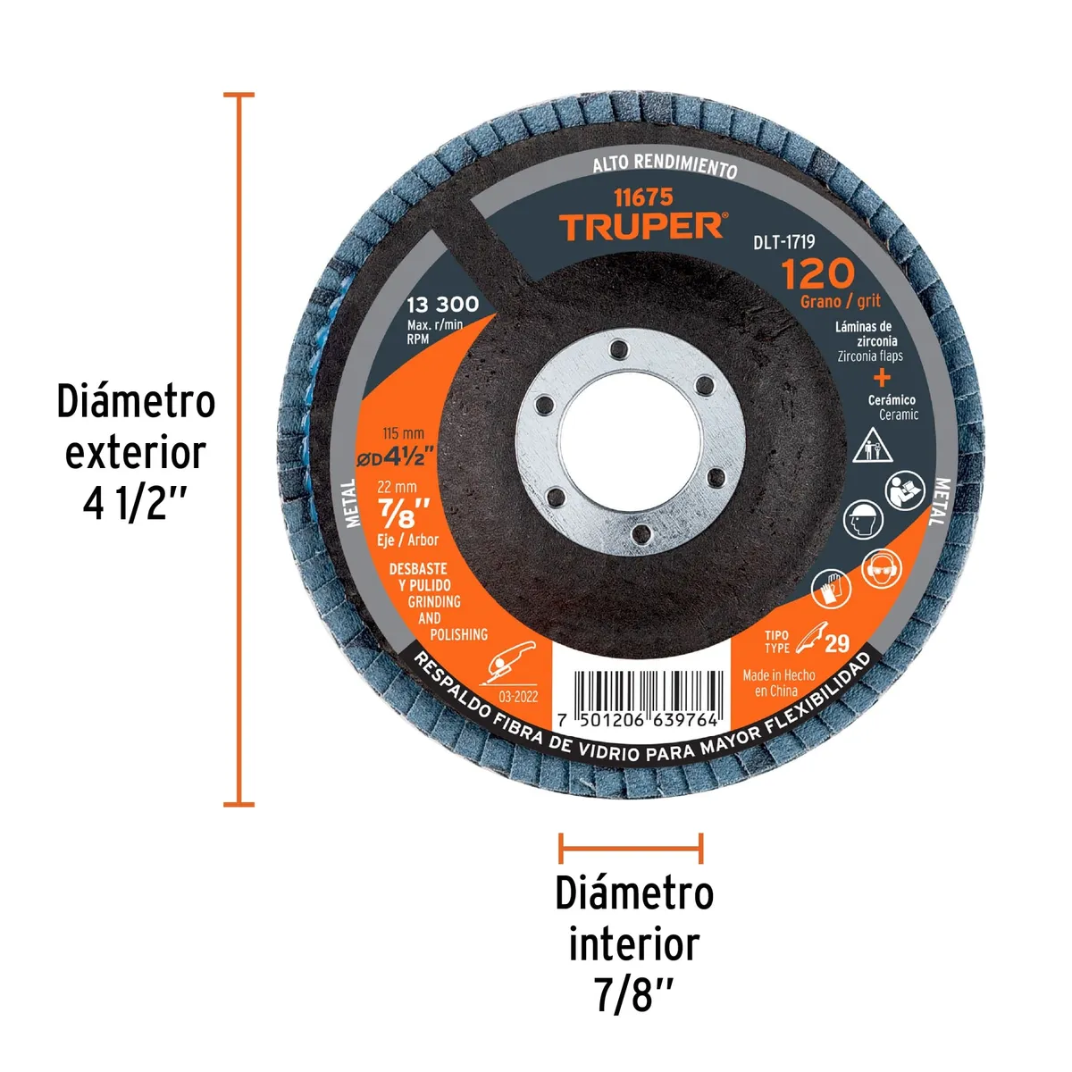 Disco Laminado Centro 7/8" Grano 120 de 4 1/2" Truper - 11675
