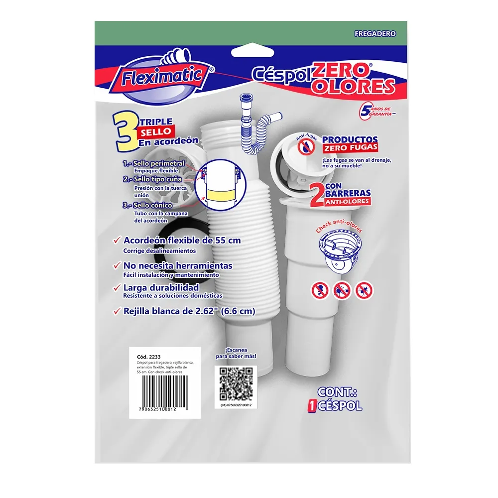 Céspol para Fregadero con Rejilla Blanco 55 cm y Check Antiolor Fleximatic - 2233