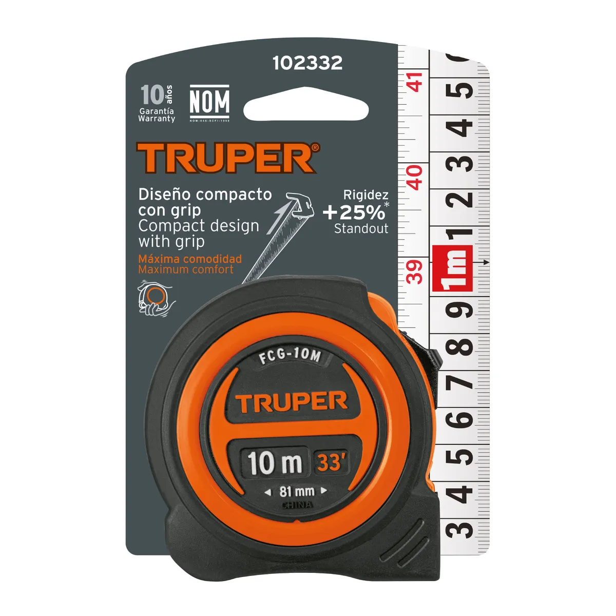 Flexómetro Compacto Contra Impactos 10 m x 25 mm Truper - 102332