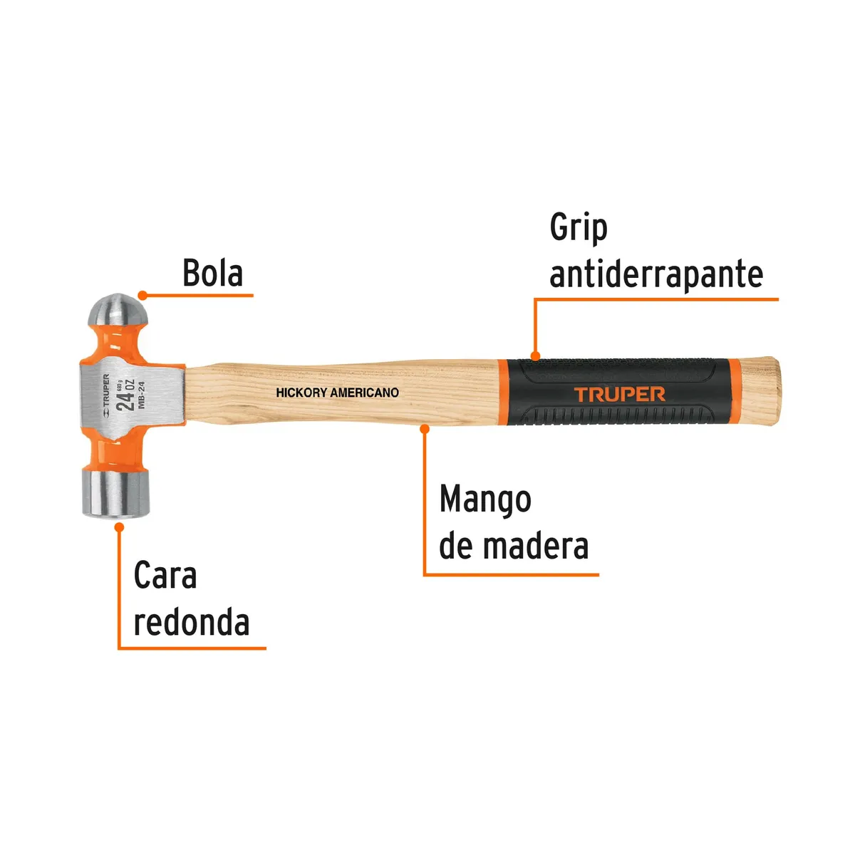 Martillo Pulido de Bola 24 oz Mango Hickory Truper - 16903
