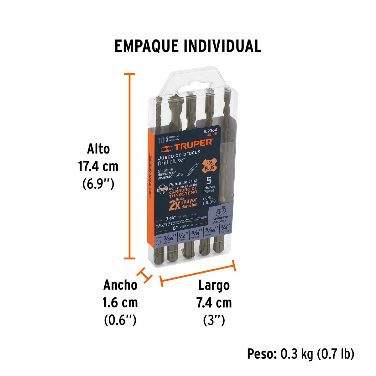Juego de 5 Brocas para Concreto SDS Plus Truper - 102364