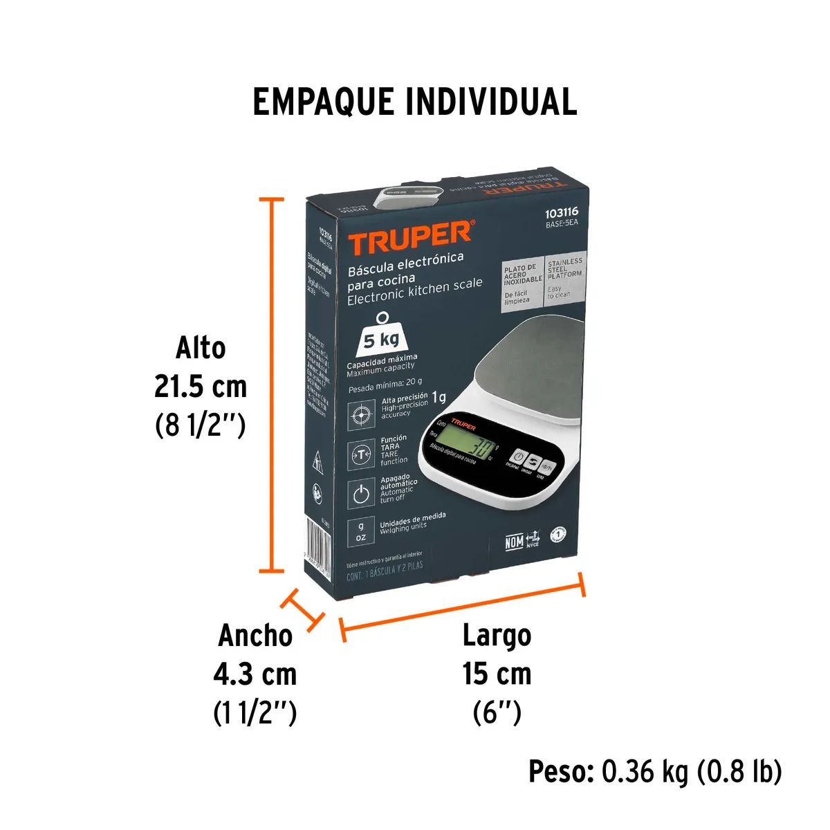 Báscula Digital para Cocina con Plato de Acero Inoxidable 5 kg Truper - 103116