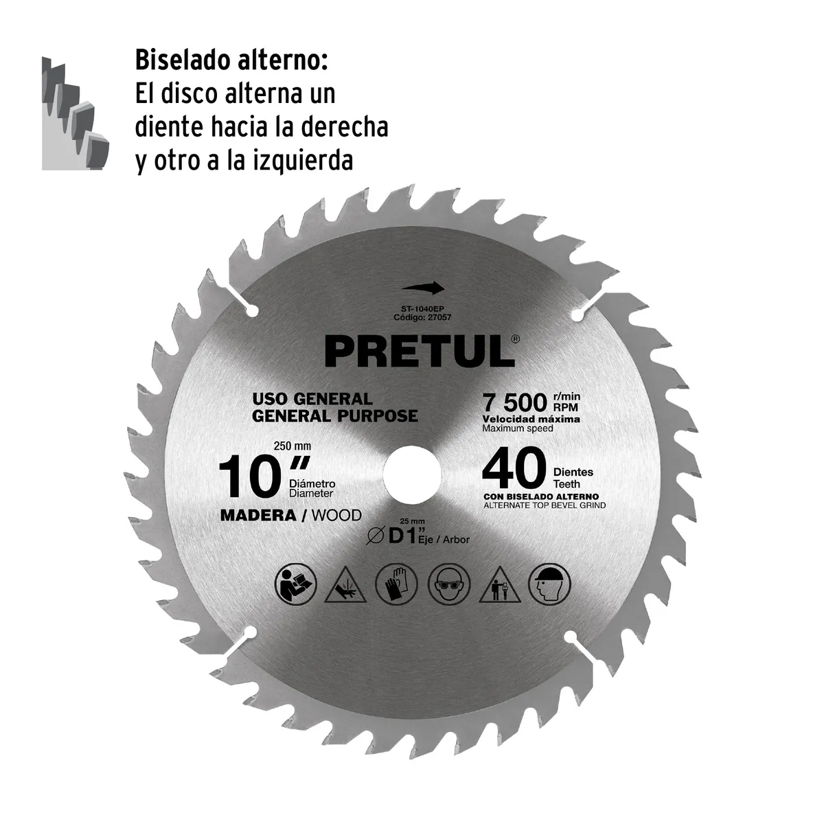 Disco Sierra 10" para Madera 40 Dientes Centro 1" Pretul - 27057