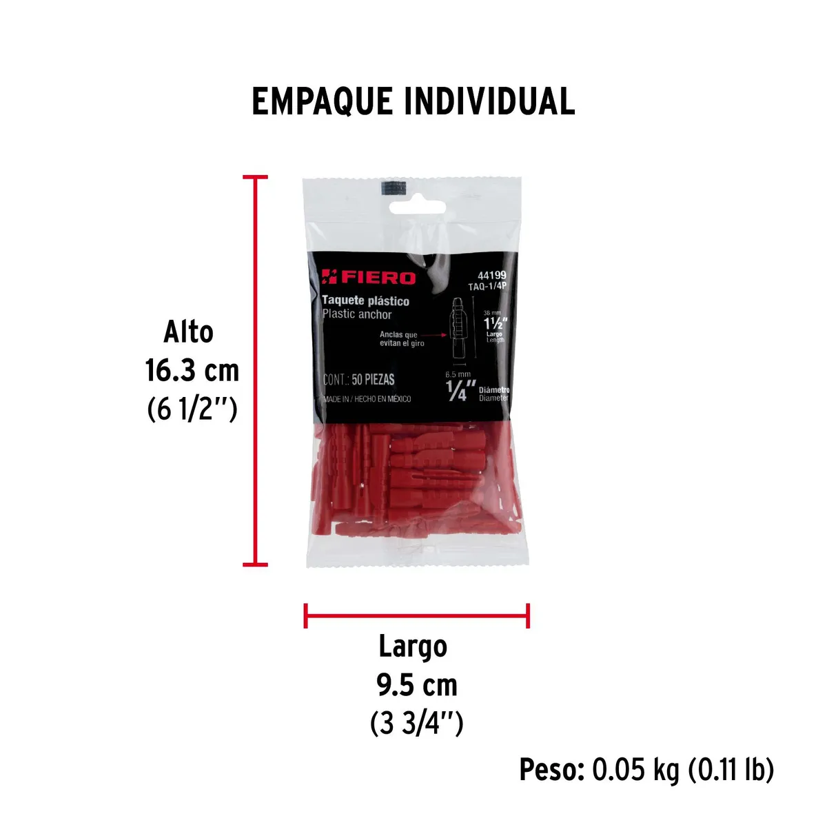 Bolsa con 50 Taquetes de Plástico 1/4" Fiero - 44199