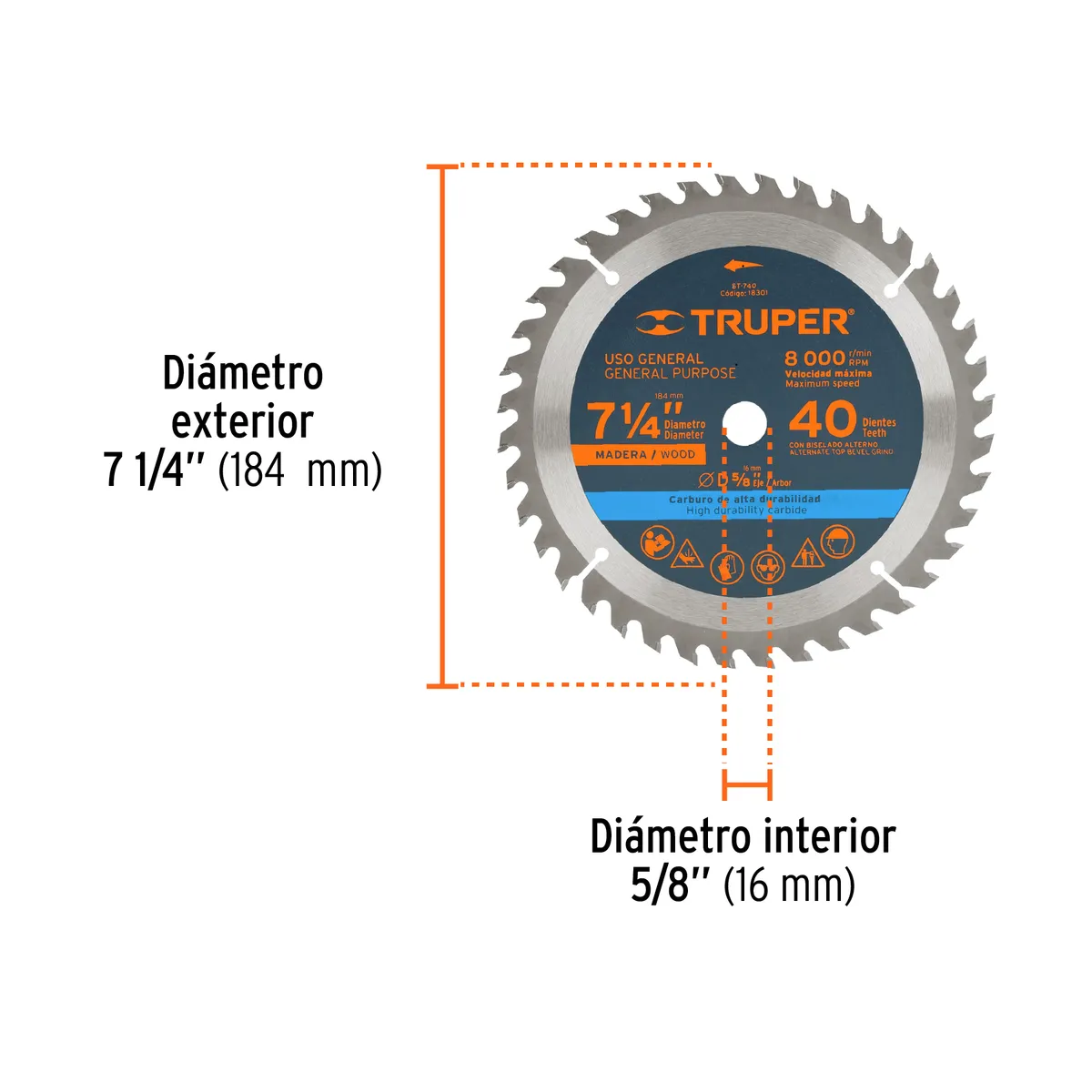 Disco Sierra 7 1/4" para Madera 40 Dientes Eje 5/8" Truper - 18301