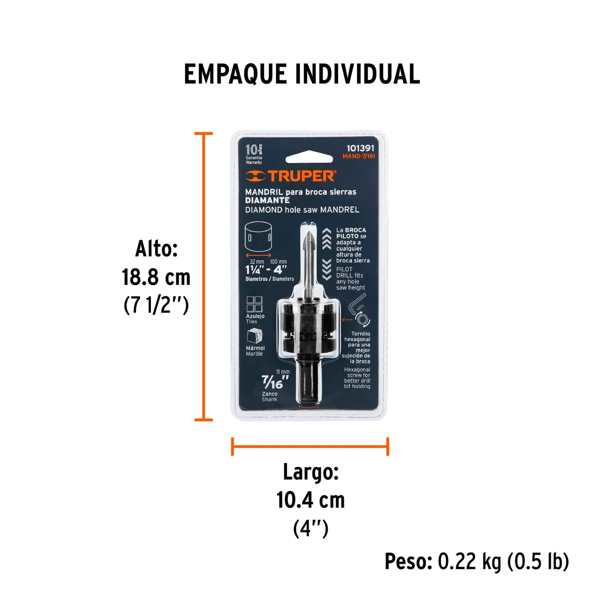 Mandril para Brocasierra de Diamante 7/16" Truper - 101391