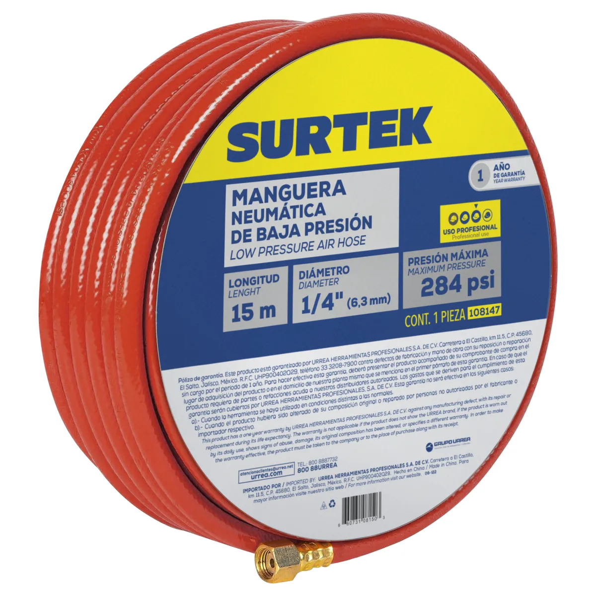 Manguera para aire de baja presión 1/4" x 15m Surtek
