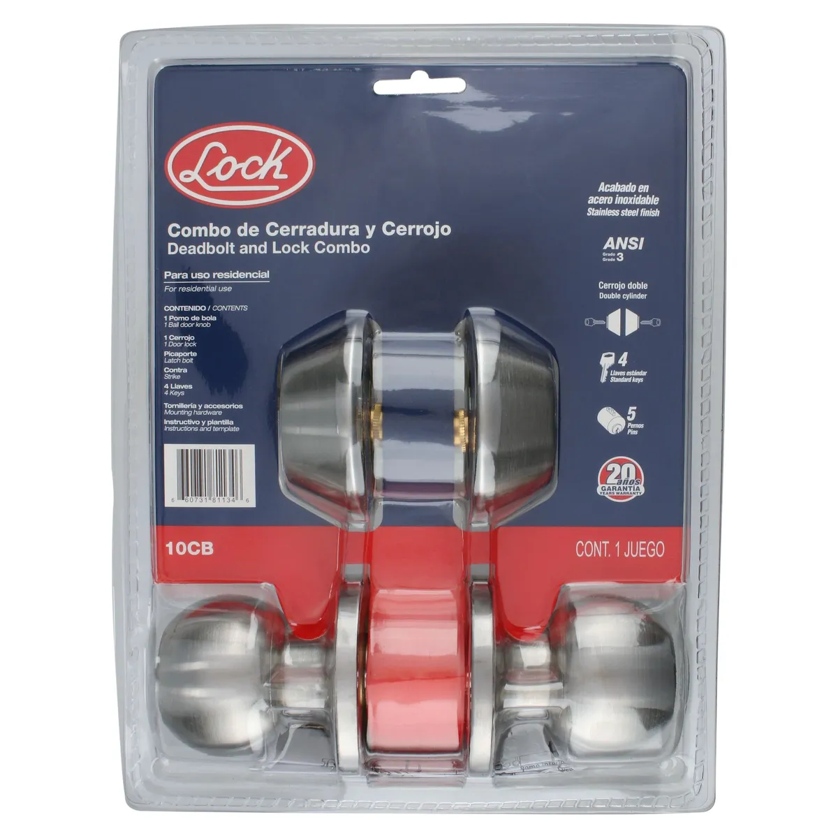 Combo de cerraduras con pomo y cerrojo ajustable para puertas de espesores entre 35mm y 35mm Lock