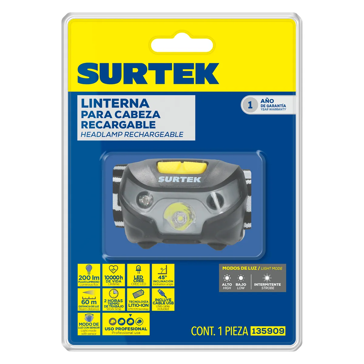 Surtek Linterna cabeza recargable 200 lm sensor movimiento