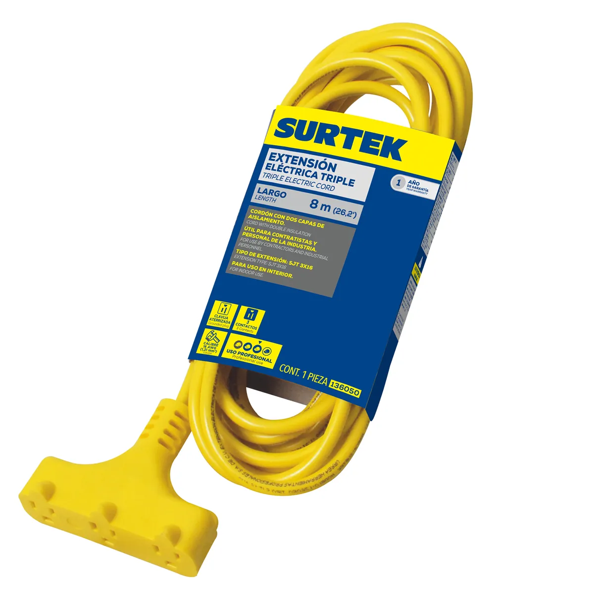 Surtek Extensión eléctrica triple aban., uso rudo aterr. 8m