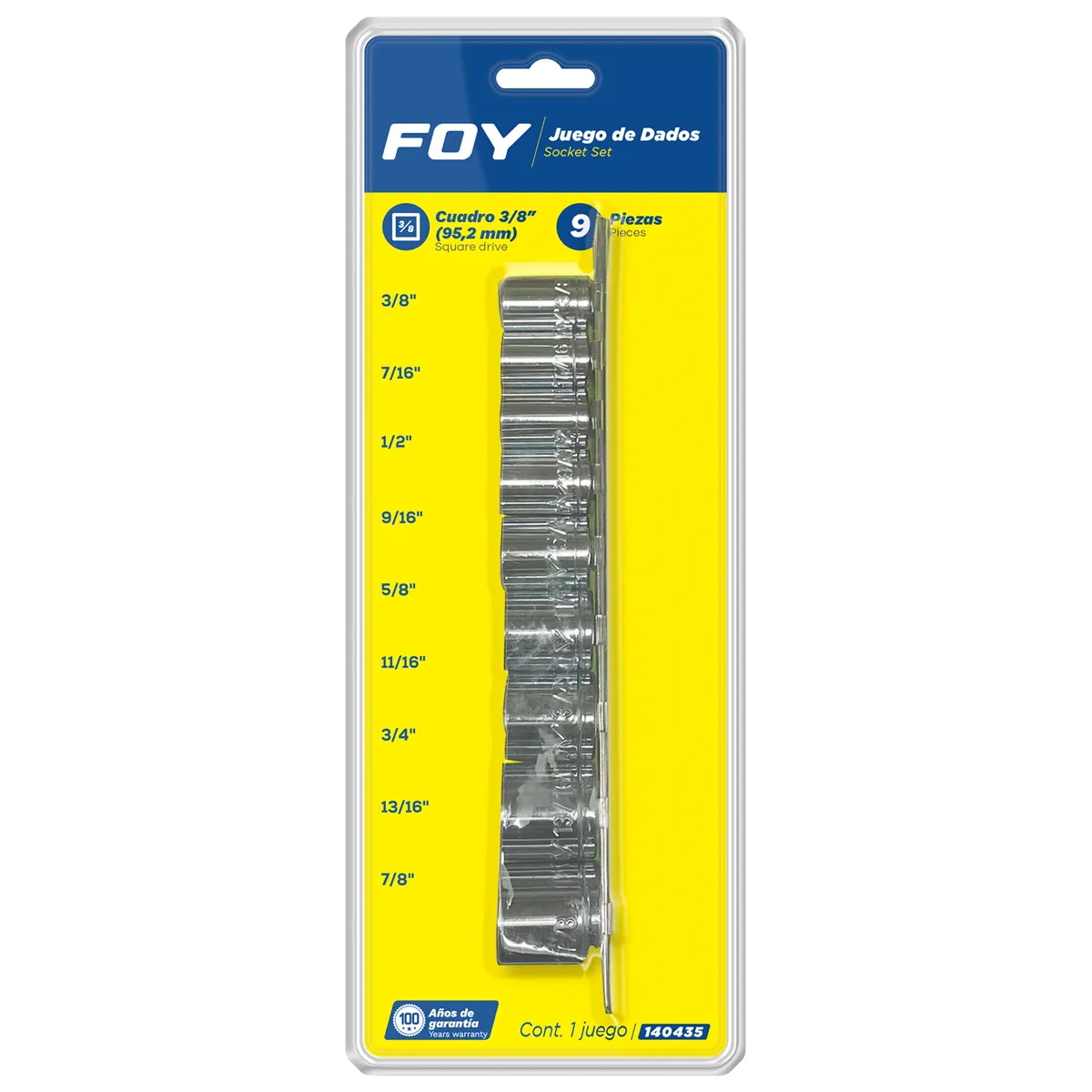 Juego de 9 dados en pulgadas 3/8" en riel Foy