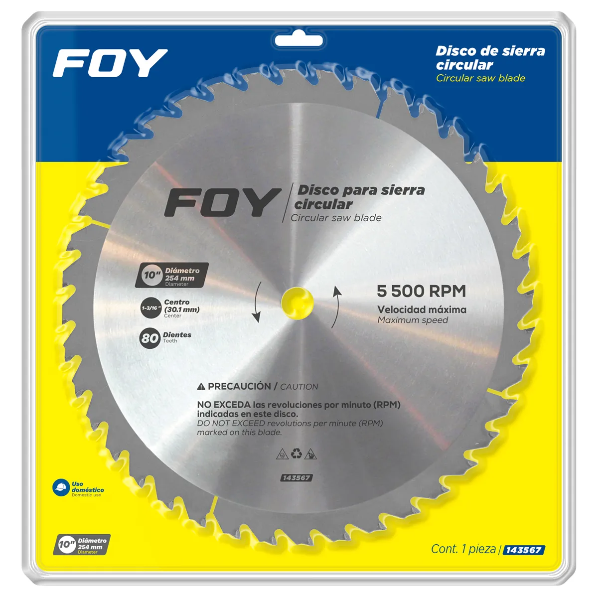 Disco p/sierra circular 10", centro 1-3/16", 80 dientes FOY