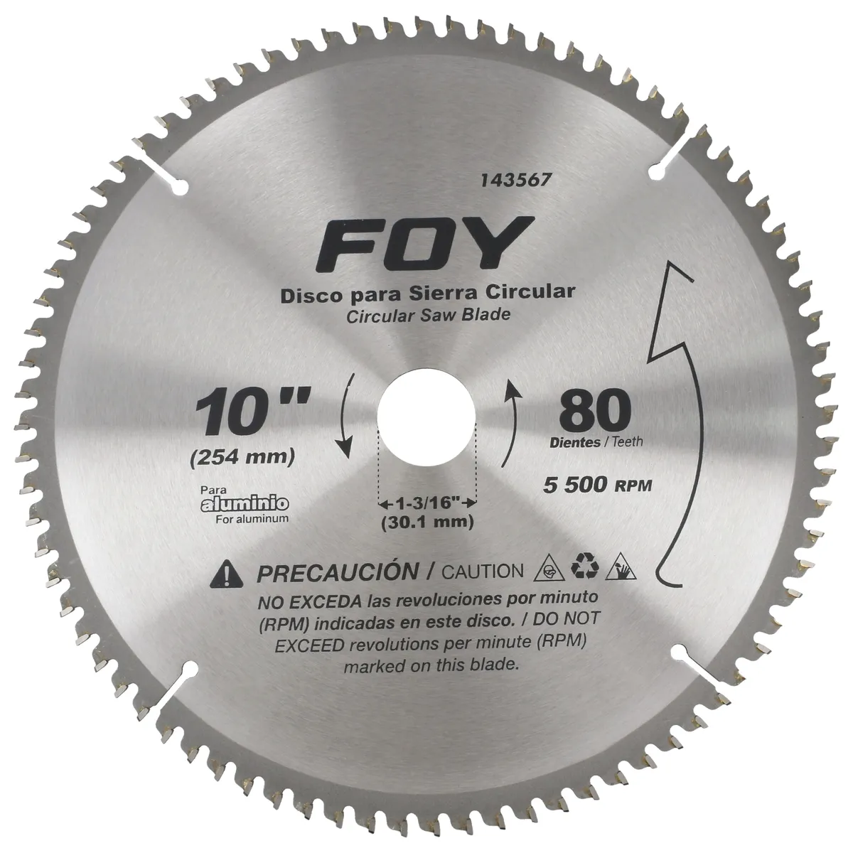 Disco p/sierra circular 10", centro 1-3/16", 80 dientes FOY