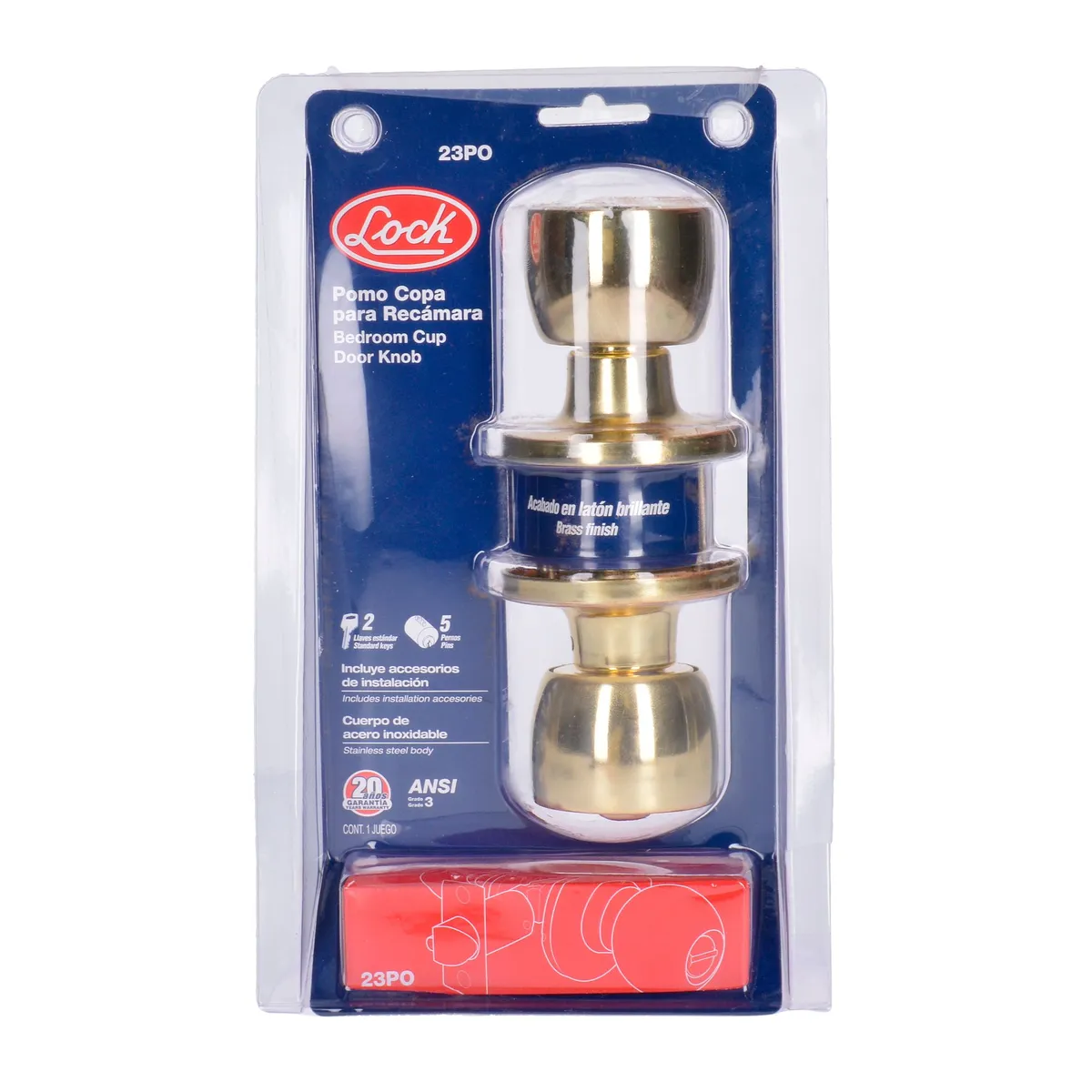 Cerradura de pomo (copa) para recámara, latón brillante Lock